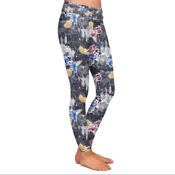 Rainbow Rules Watercolor Halloween Mickey and Minnie Magic Broomstick Leggings - Picture 1 of 9
